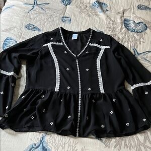 Time and Tru Black Blouse with White Embroidery